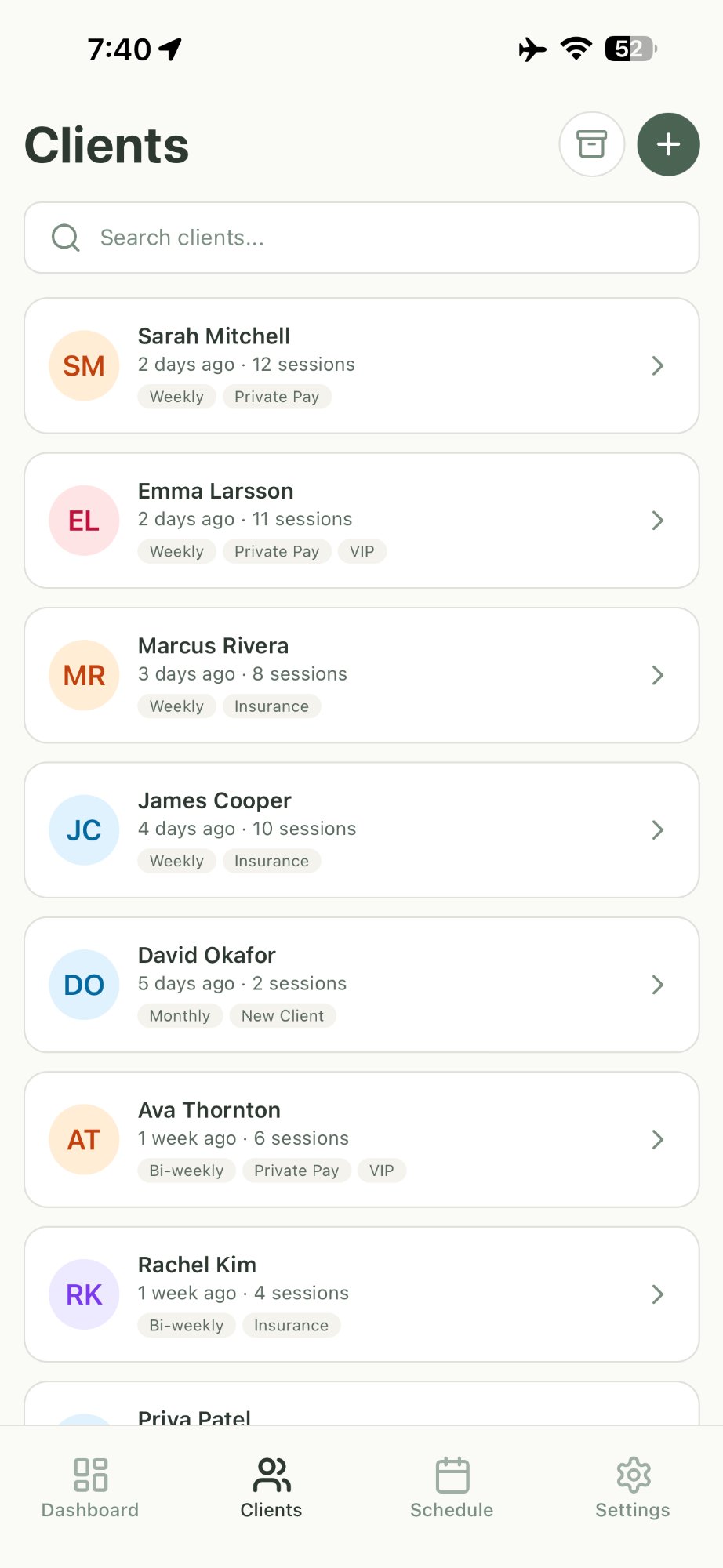 SteadyPractice therapist practice management app showing client list
