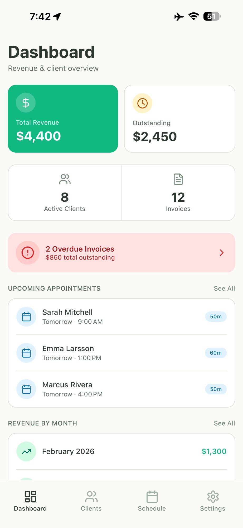 SteadyPractice revenue dashboard for therapists showing $4,400 total revenue, 8 active clients, overdue invoices, and upcoming appointments