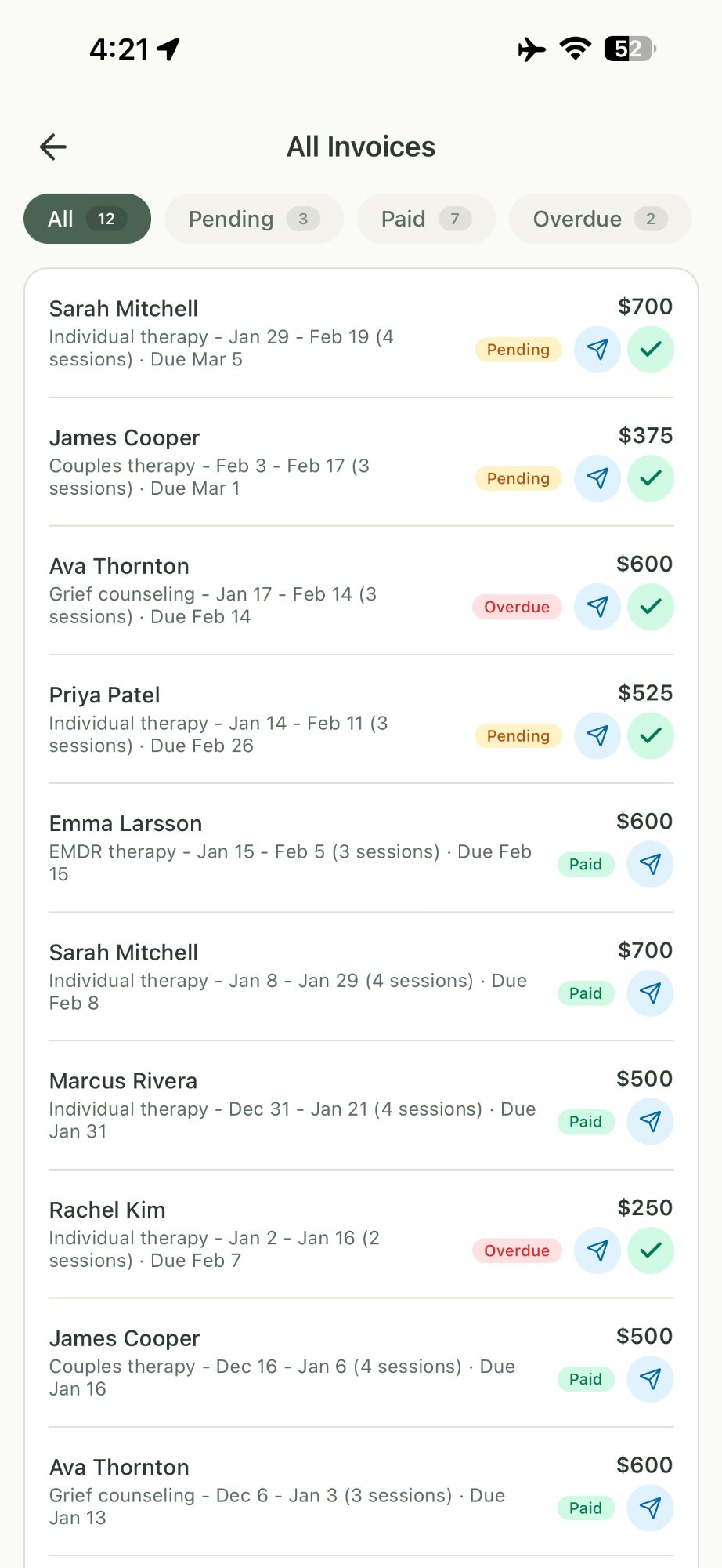 SteadyPractice therapist invoicing screen showing 12 invoices filtered by all, pending, paid, and overdue with one-tap email and mark-paid buttons