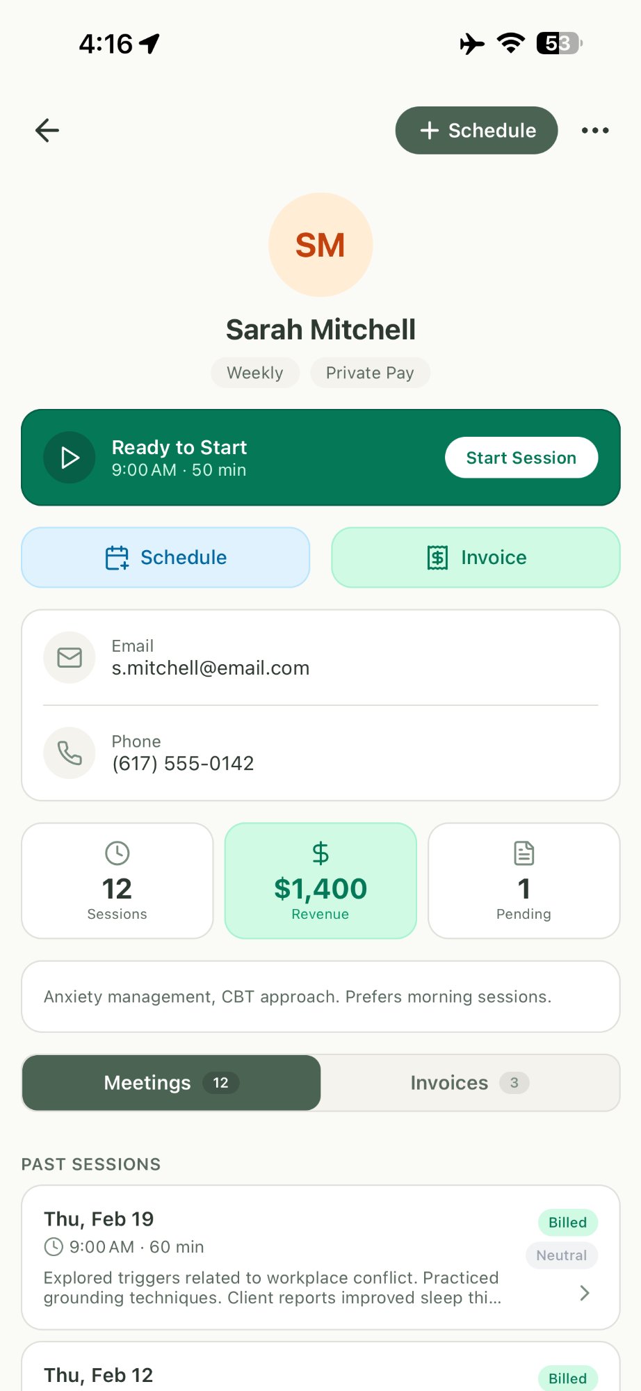 SteadyPractice client detail screen showing session history, revenue tracking, contact info, scheduling, and invoicing for a therapy client
